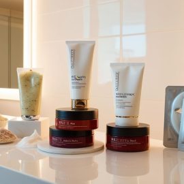 image symbolisant le soin du visage en institut avec des produits de gommage et modelage et masque